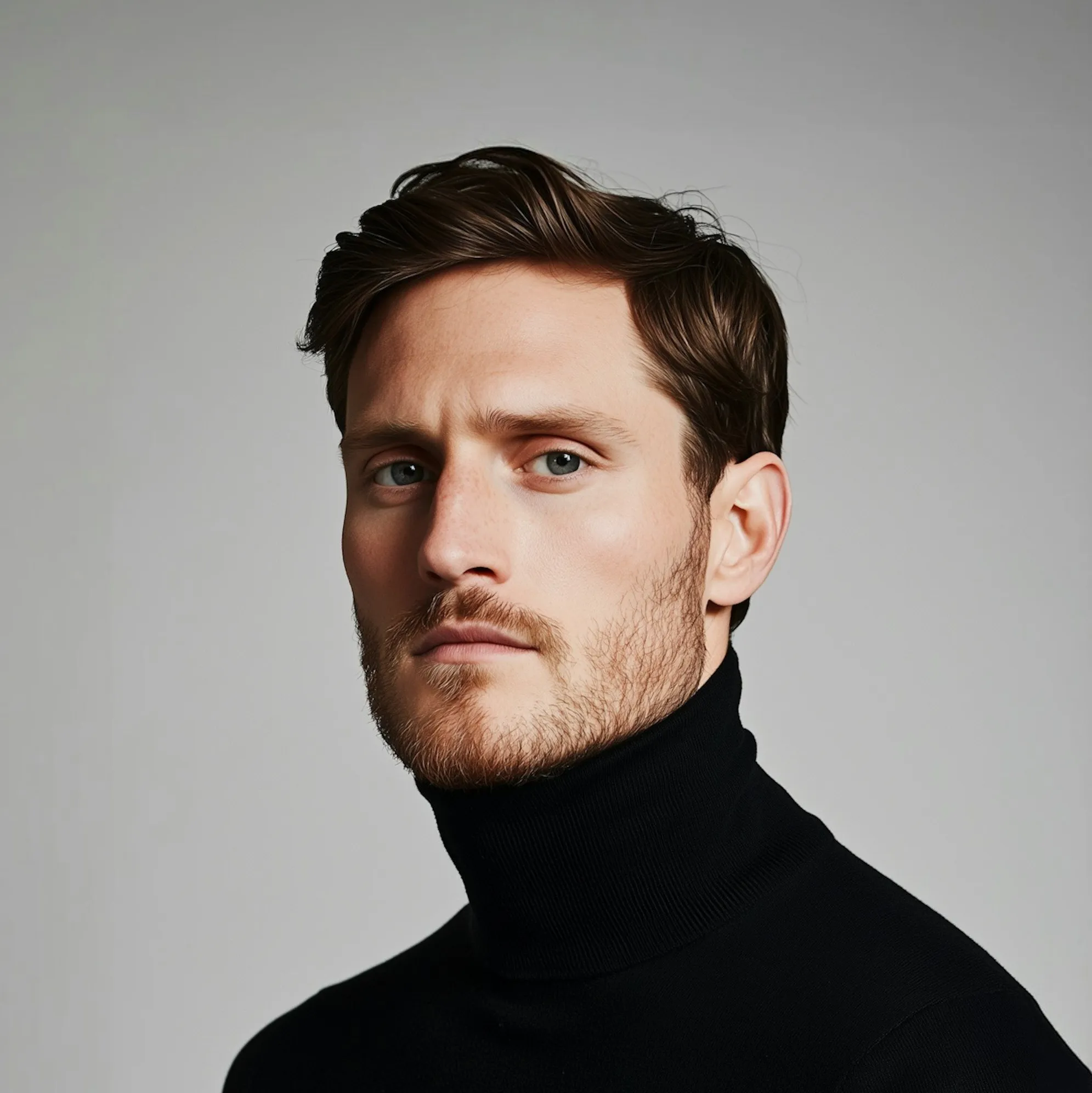 Man in black turtle neck sweater.